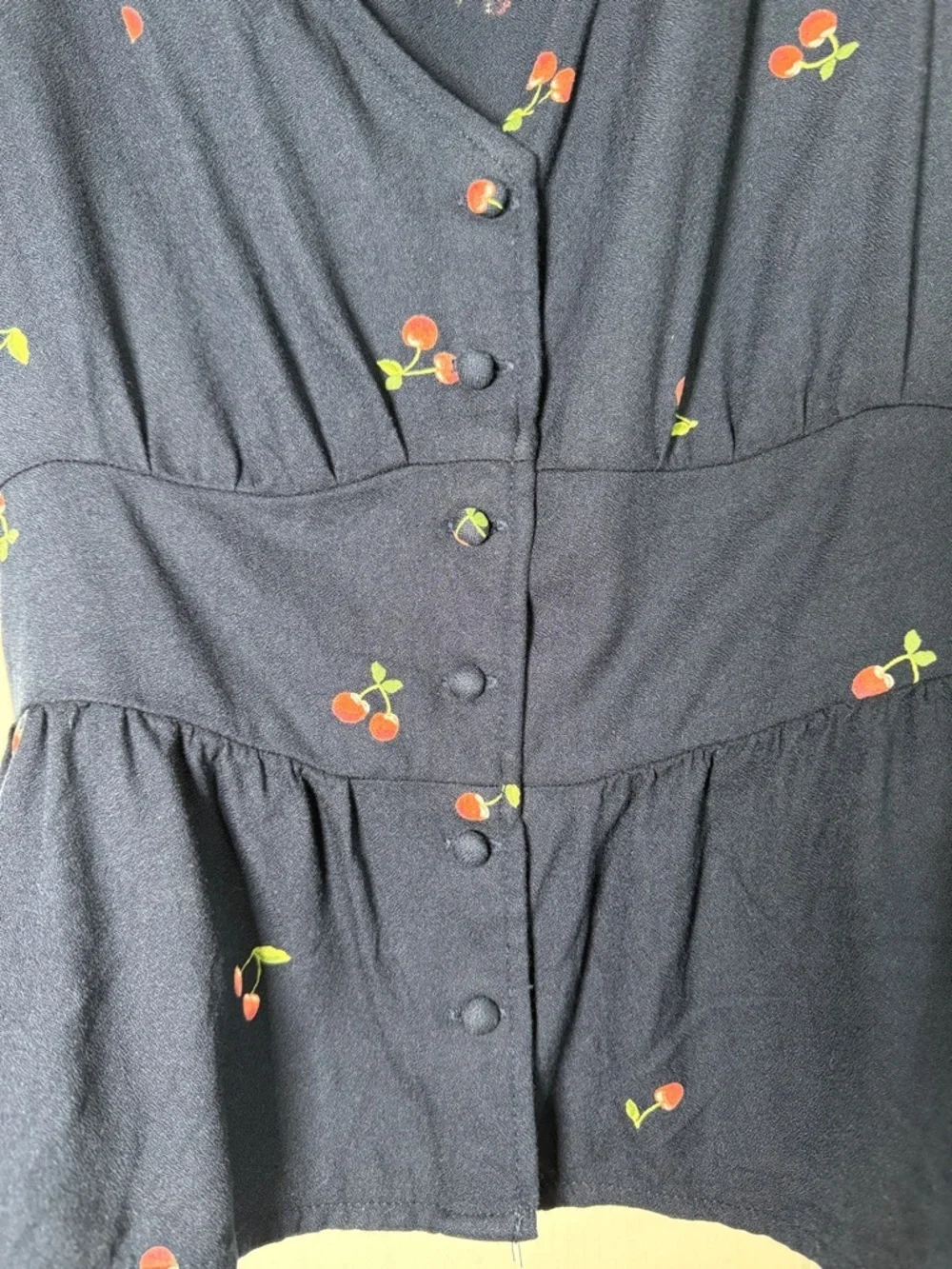 Old Navy Cherry Print Peplum Top Navy Short Sleeve Button Front XS